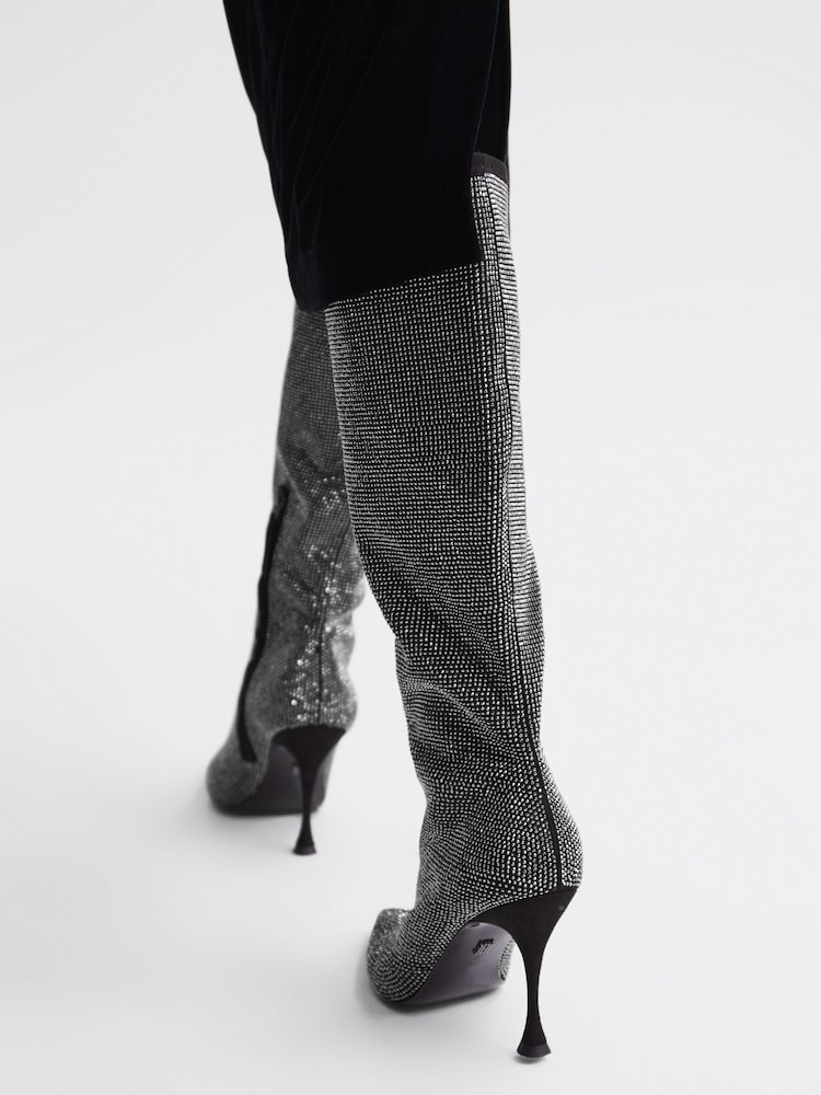 Reiss Black Clement Crystal Point Knee High Boots - Image 2 of 7