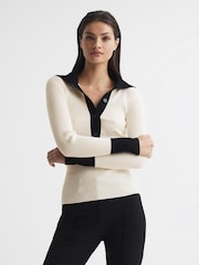 Reiss Cream/Black Maia Button Collar Jumper Top - Image 1 of 6