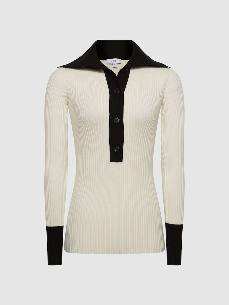 Reiss Cream/Black Maia Button Collar Jumper Top - Image 2 of 6