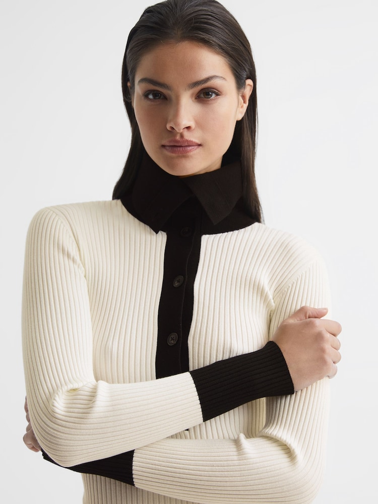 Reiss Cream/Black Maia Button Collar Jumper Top - Image 6 of 6