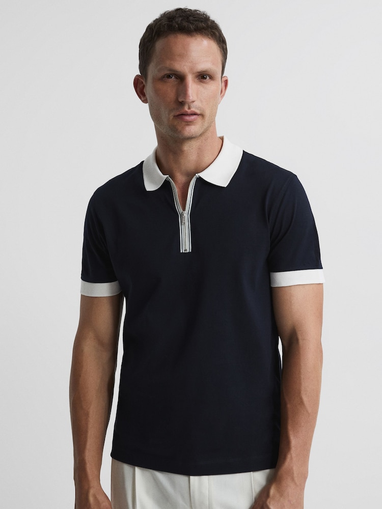 Reiss Navy/White North Mercerised Zip Neck Polo T-Shirt - Image 1 of 1