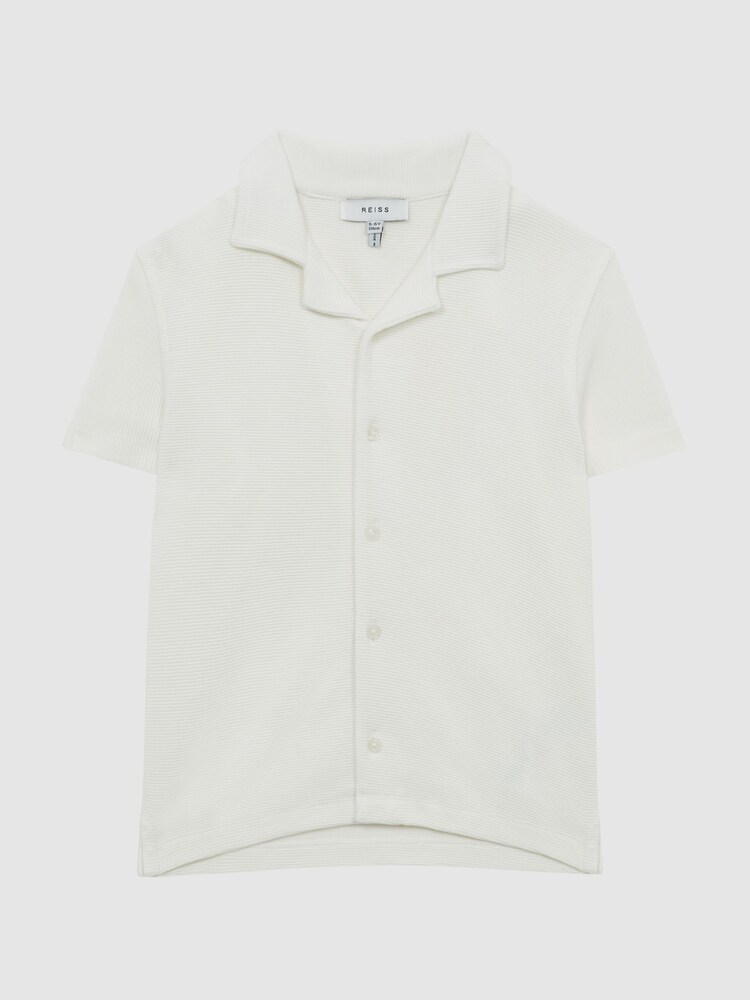 Reiss White Westley Senior Cuban Collar Ribbed Shirt - Image 2 of 6 Reiss White Westley Senior Cuban Collar Ribbed Shirt - Image 2 of 6