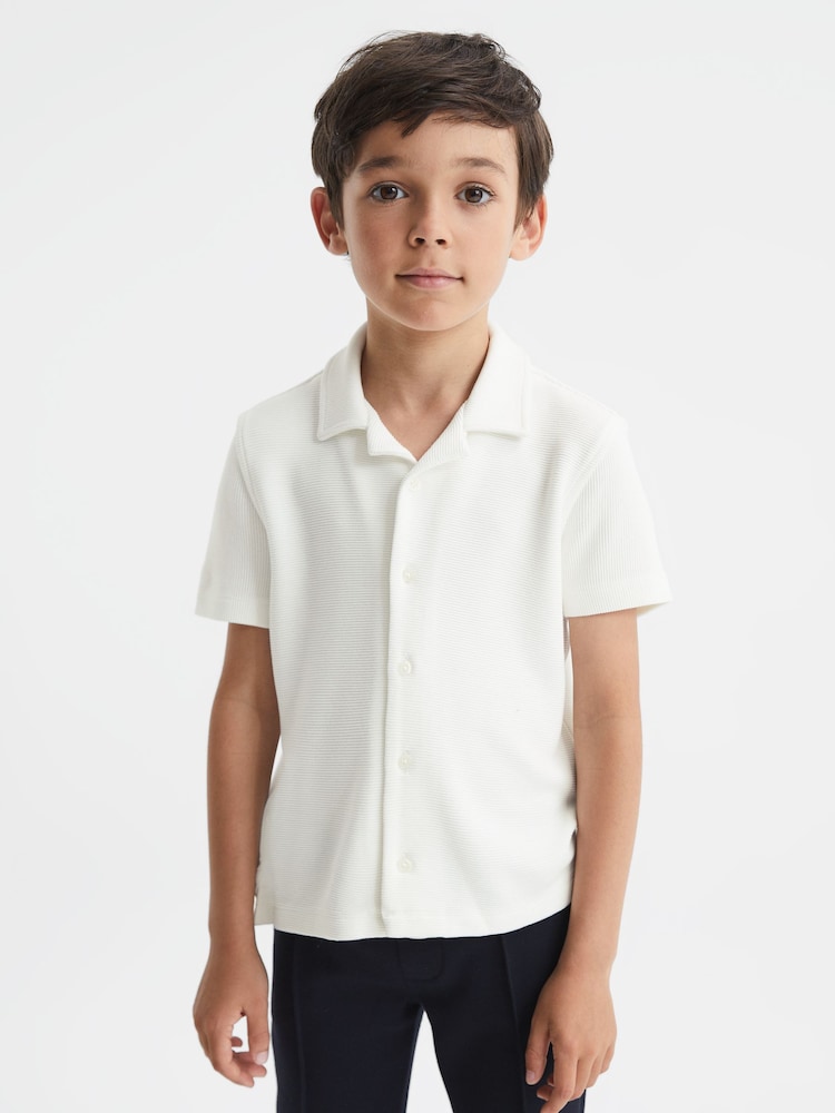 Reiss White Westley Junior Cuban Collar Ribbed Shirt - Image 1 of 6 Reiss White Westley Junior Cuban Collar Ribbed Shirt - Image 1 of 6
