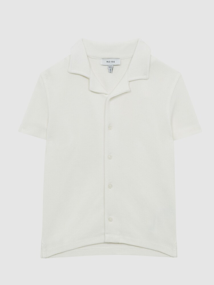 Reiss White Westley Junior Cuban Collar Ribbed Shirt - Image 2 of 6 Reiss White Westley Junior Cuban Collar Ribbed Shirt - Image 2 of 6