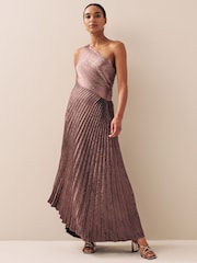 Pink One Shoulder Metallic Pleated Midi Dress - Image 1 of 5