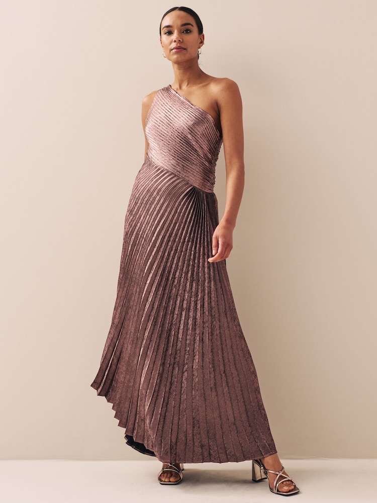 Pink One Shoulder Metallic Pleated Midi Dress - Image 1 of 5 Pink One Shoulder Metallic Pleated Midi Dress - Image 1 of 5