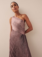 Pink One Shoulder Metallic Pleated Midi Dress - Image 3 of 5