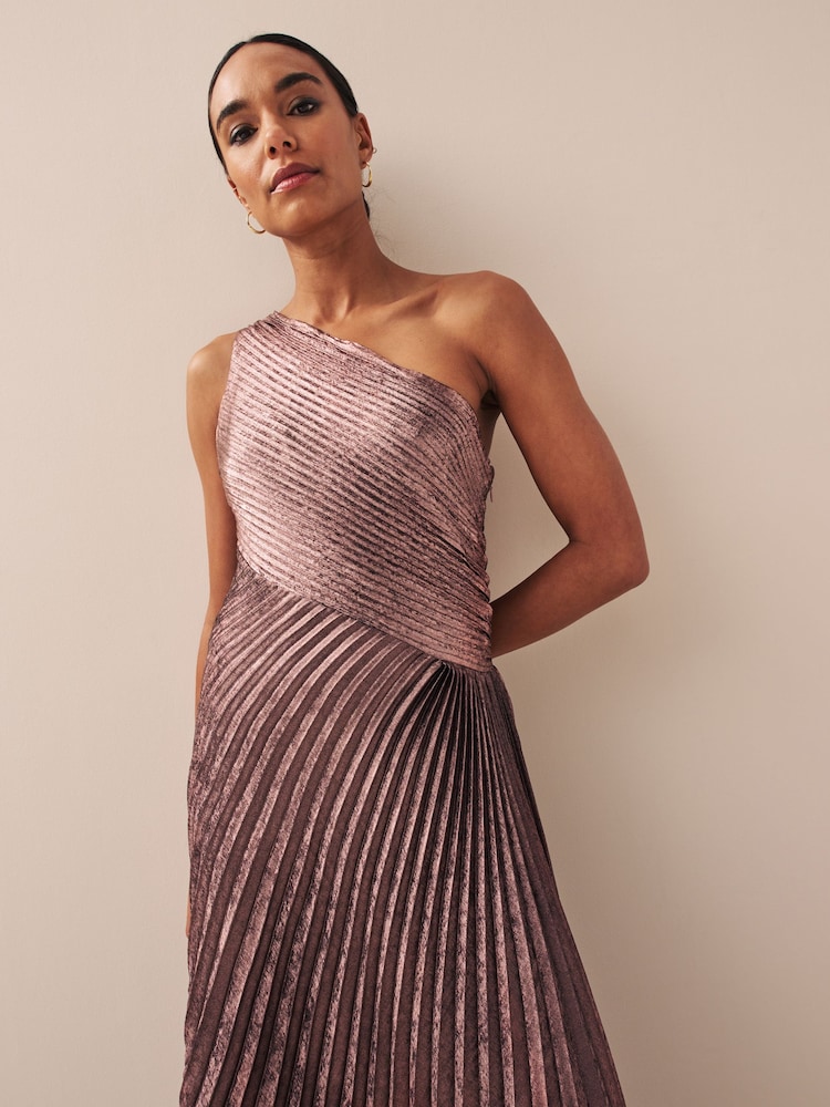 Pink One Shoulder Metallic Pleated Midi Dress - Image 3 of 5