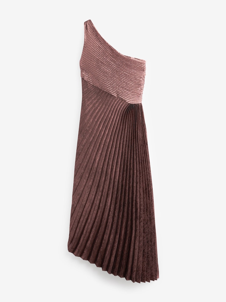 Pink One Shoulder Metallic Pleated Midi Dress - Image 4 of 5