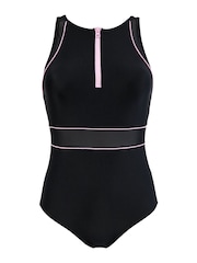Pour Moi Black & Pink Energy Chlorine High Neck Zip Front Swimsuit - Image 4 of 5