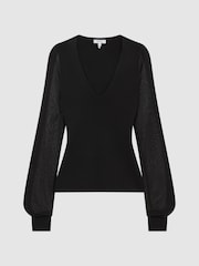 Reiss Black Sophie Sheer Sleeve Knitted Top - Image 2 of 7