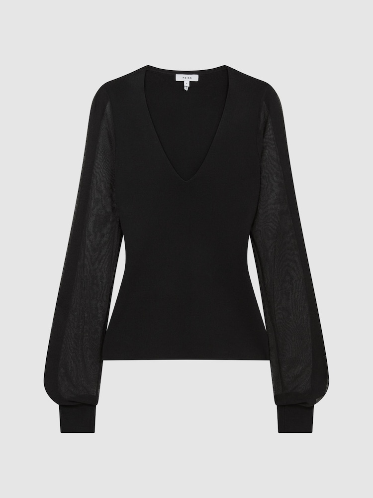 Reiss Black Sophie Sheer Sleeve Knitted Top - Image 2 of 7