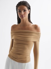 Reiss Camel Hudson Off-Shoulder Long Sleeve Top - Image 1 of 7