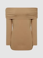 Reiss Camel Hudson Off-Shoulder Long Sleeve Top - Image 2 of 7