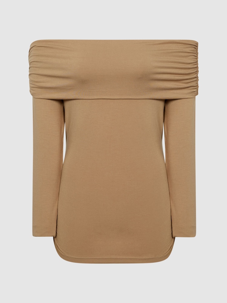 Reiss Camel Hudson Off-Shoulder Long Sleeve Top - Image 2 of 7