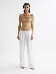 Reiss Camel Hudson Off-Shoulder Long Sleeve Top - Image 4 of 7