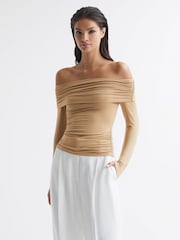 Reiss Camel Hudson Off-Shoulder Long Sleeve Top - Image 6 of 7