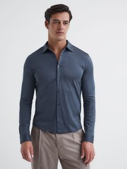Reiss Steel Blue Baron Mercerised Jersey Shirt - Image 1 of 7