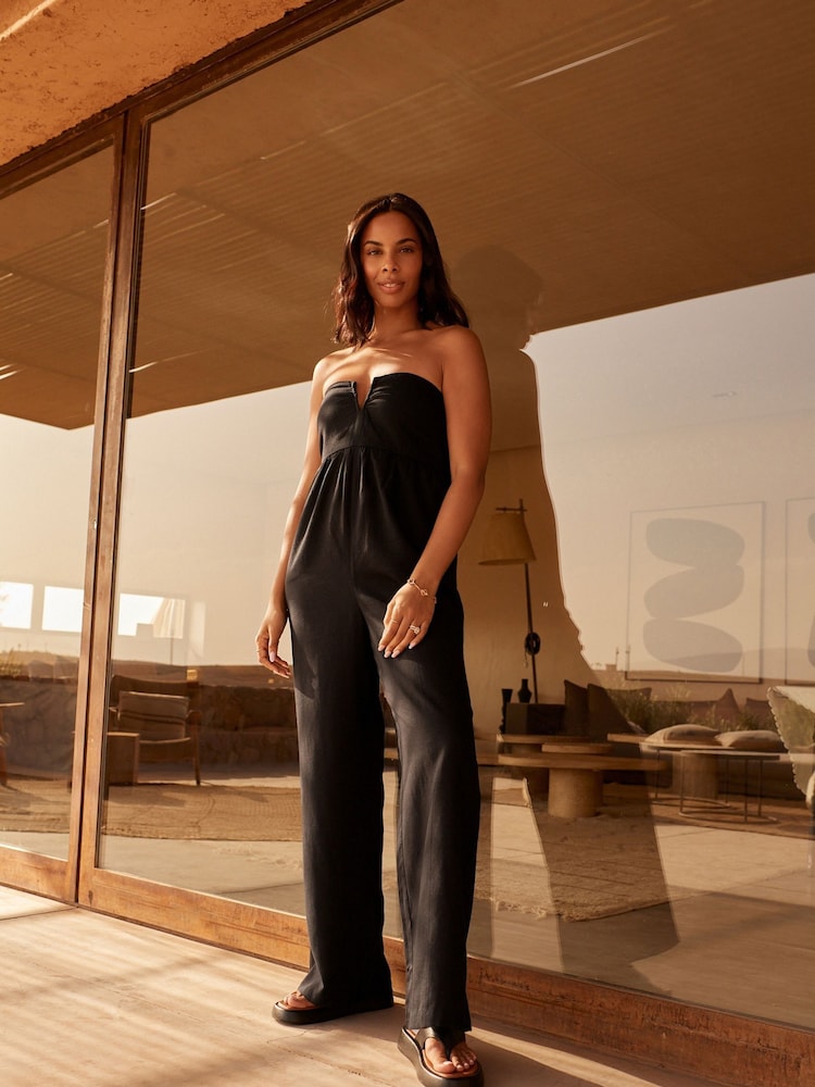 Rochelle Humes Black Wide Leg Bandeau Jumpsuit With Linen - Image 1 of 6
