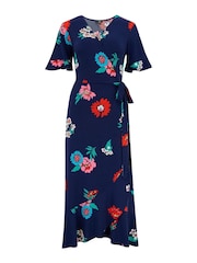 Marineblau/Mehrfarbig bedruckt - Pour Moi Megan Anschmiegsames Jersey-Midikleid für die größere Brust mit Wickeldesign und Rüschendetail - Bild 4 von 5