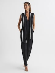 Reiss Black Celina Neck Tie Wide Leg Jumpsuit - Image 1 of 7