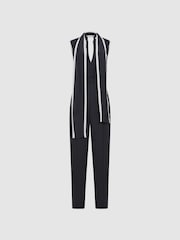 Reiss Black Celina Neck Tie Wide Leg Jumpsuit - Image 2 of 7