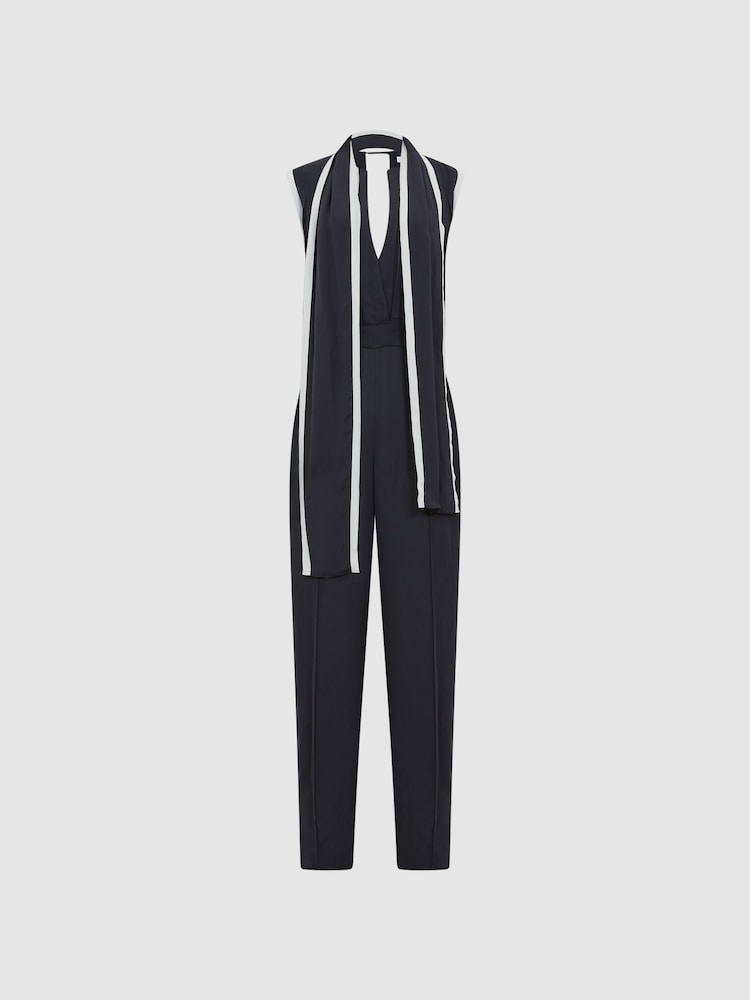 Reiss Black Celina Neck Tie Wide Leg Jumpsuit - Image 2 of 7