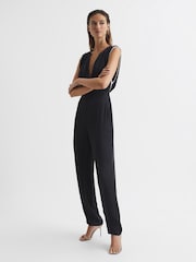 Reiss Black Celina Neck Tie Wide Leg Jumpsuit - Image 3 of 7