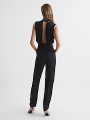 Reiss Black Celina Neck Tie Wide Leg Jumpsuit - Image 5 of 7
