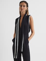 Reiss Black Celina Neck Tie Wide Leg Jumpsuit - Image 6 of 7