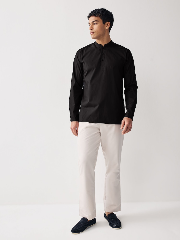 Black Regular Fit Short Cotton Kurta - Image 2 of 6