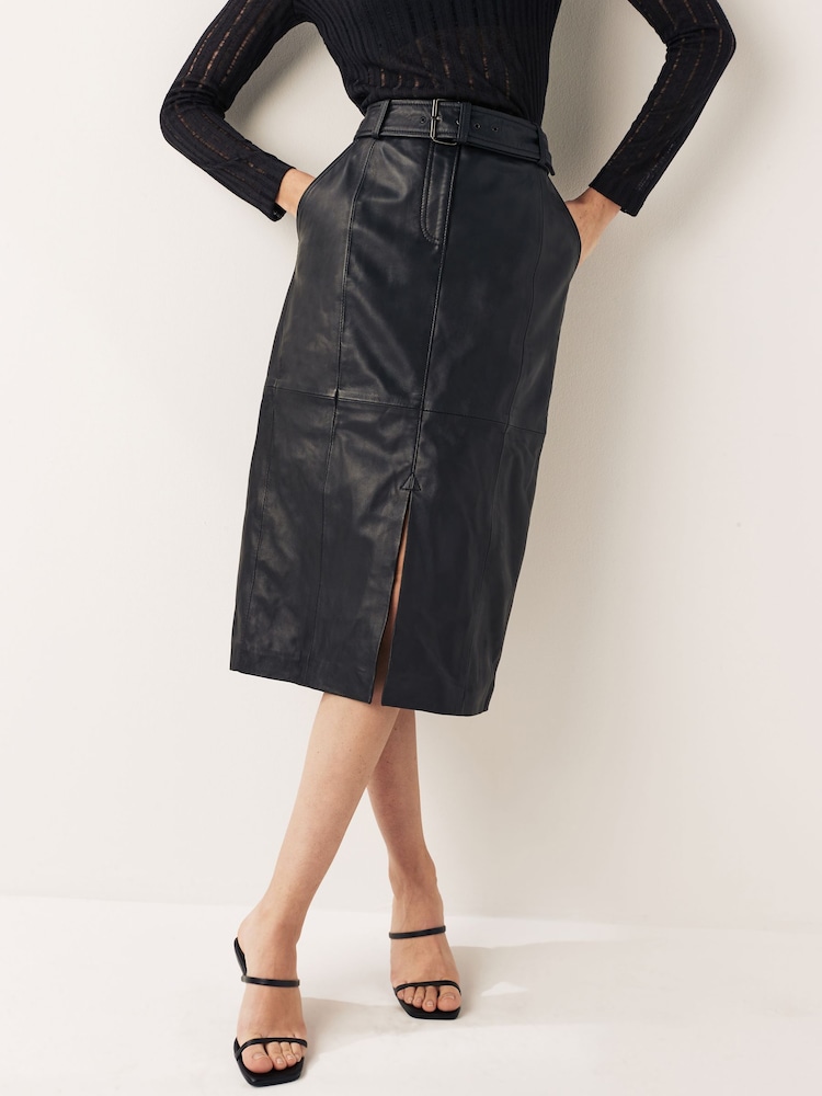 Urban Code Black Leather Front Split Midi Skirt With Removable Belt - Image 1 of 7