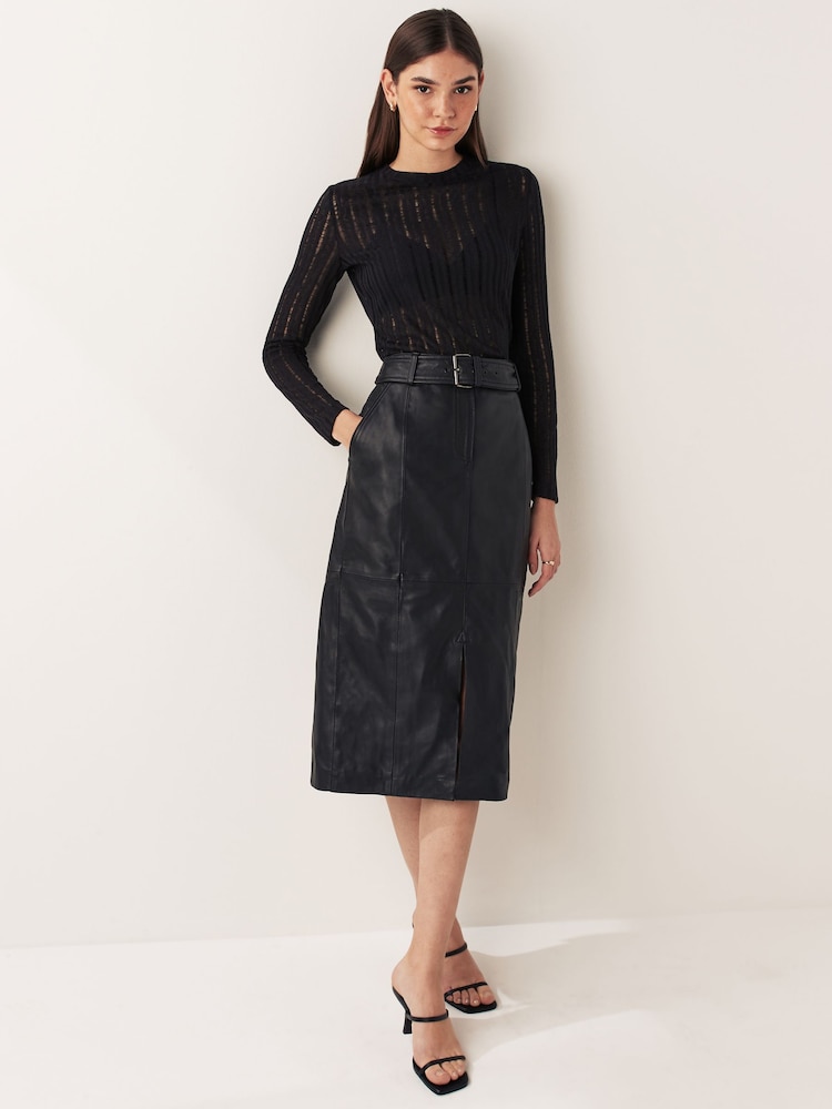 Urban Code Black Leather Front Split Midi Skirt With Removable Belt - Image 2 of 7