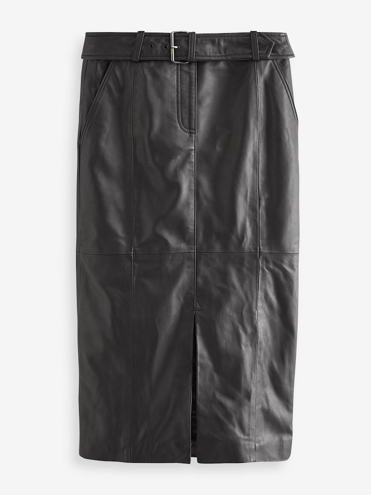 Urban Code Black Leather Front Split Midi Skirt With Removable Belt - Image 5 of 7