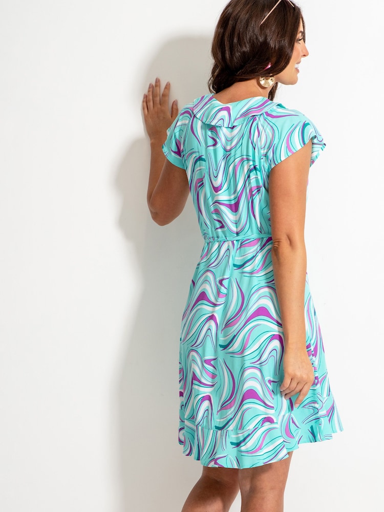 Pour Moi Blue Abstract Print LENZING™ ECOVERO™ Viscose Frill Wrap Beach Dress - Image 2 of 5 Pour Moi Blue Abstract Print LENZING™ ECOVERO™ Viscose Frill Wrap Beach Dress - Image 2 of 5