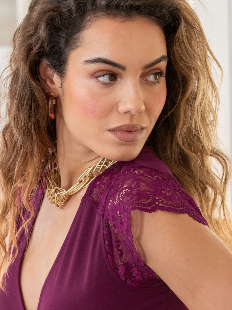 Pour Moi Purple Julie Fuller Bust Slinky Jersey Lace Trim Wrap Top - Image 2 of 4