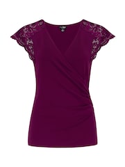 Pour Moi Purple Julie Fuller Bust Slinky Jersey Lace Trim Wrap Top - Image 3 of 4