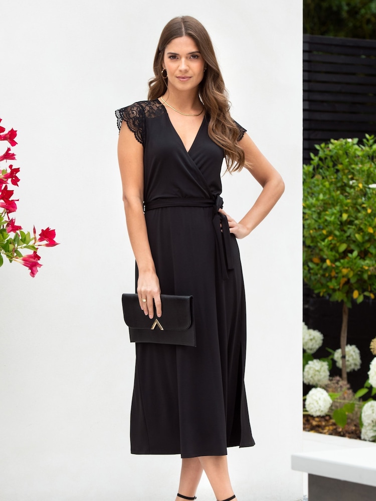 Pour Moi Black Julie Slinky Jersey Lace Trim Midi Dress - Image 1 of 5
