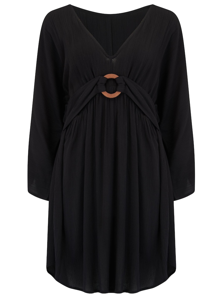 Pour Moi Black LENZING™ ECOVERO™ Viscose Crinkle O Ring Beach Cover-Up - Image 3 of 4
