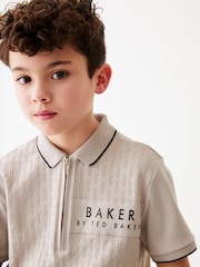 Baker by Ted Baker Quarter Zip 100% Cotton Textured Polo Shirt - Image 3 of 9