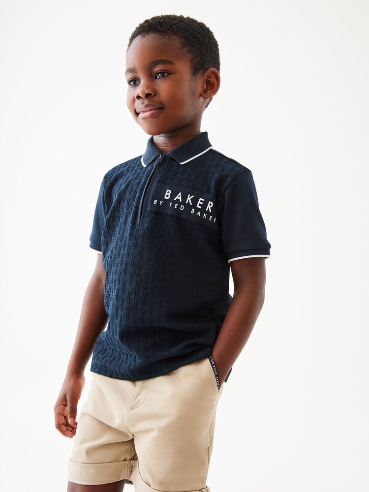 Baker by Ted Baker Quarter Zip 100% Cotton Textured Polo Shirt - Image 2 of 9