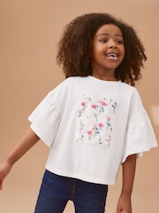 White Textured Floral Applique Frill 100% Cotton Sleeve T-Shirt (3-16yrs) - Image 1 of 7