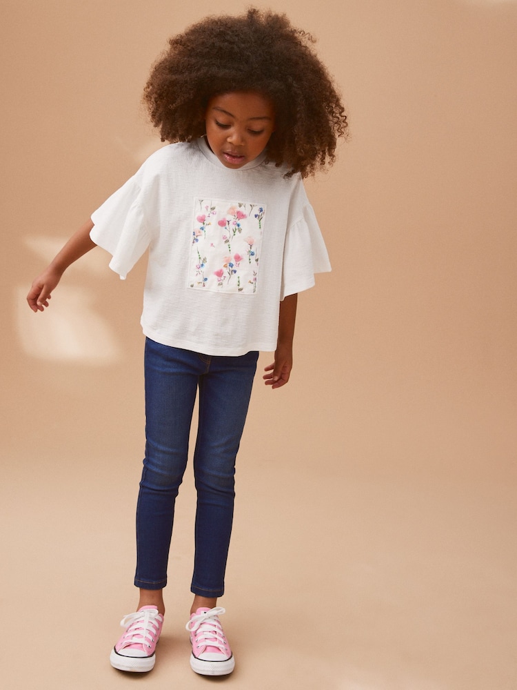 White Textured Floral Applique Frill 100% Cotton Sleeve T-Shirt (3-16yrs) - Image 2 of 7