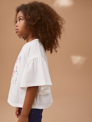 White Textured Floral Applique Frill 100% Cotton Sleeve T-Shirt (3-16yrs) - Image 4 of 7