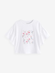 White Textured Floral Applique Frill 100% Cotton Sleeve T-Shirt (3-16yrs) - Image 5 of 7