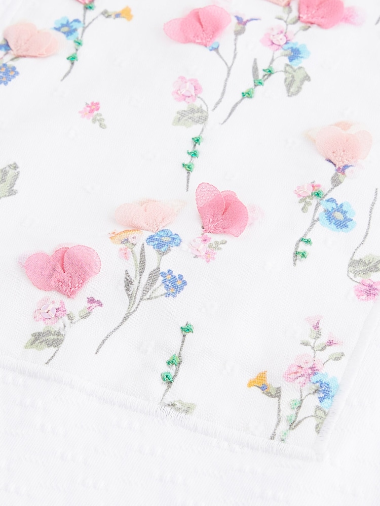 White Textured Floral Applique Frill 100% Cotton Sleeve T-Shirt (3-16yrs) - Image 7 of 7