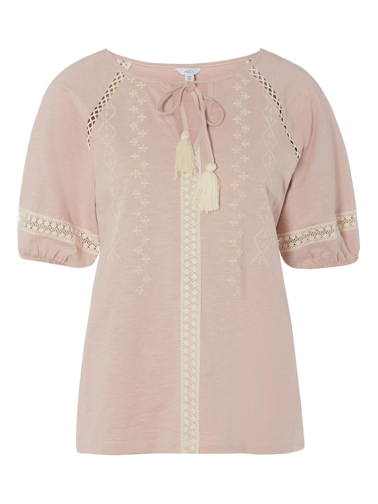 M&Co Pink Aztec Embroidery Tie Front Gypsy Top - Image 2 of 2