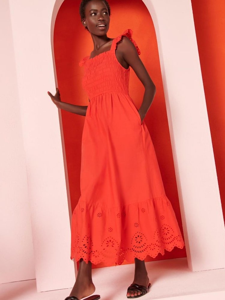 M&Co Red Broderie Tiered Midi Dress - Image 1 of 2