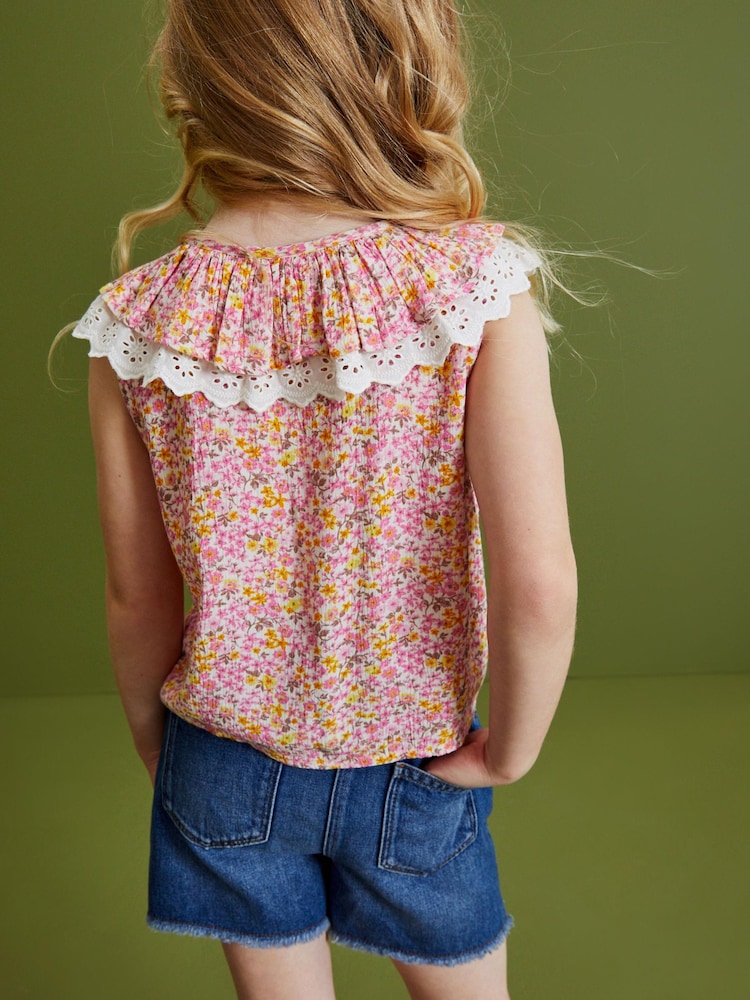 Rosa Blümchen - Bluse zum Binden mit Rüschenkragen (3 bis 16 Jahre) - Bild 2 von 5