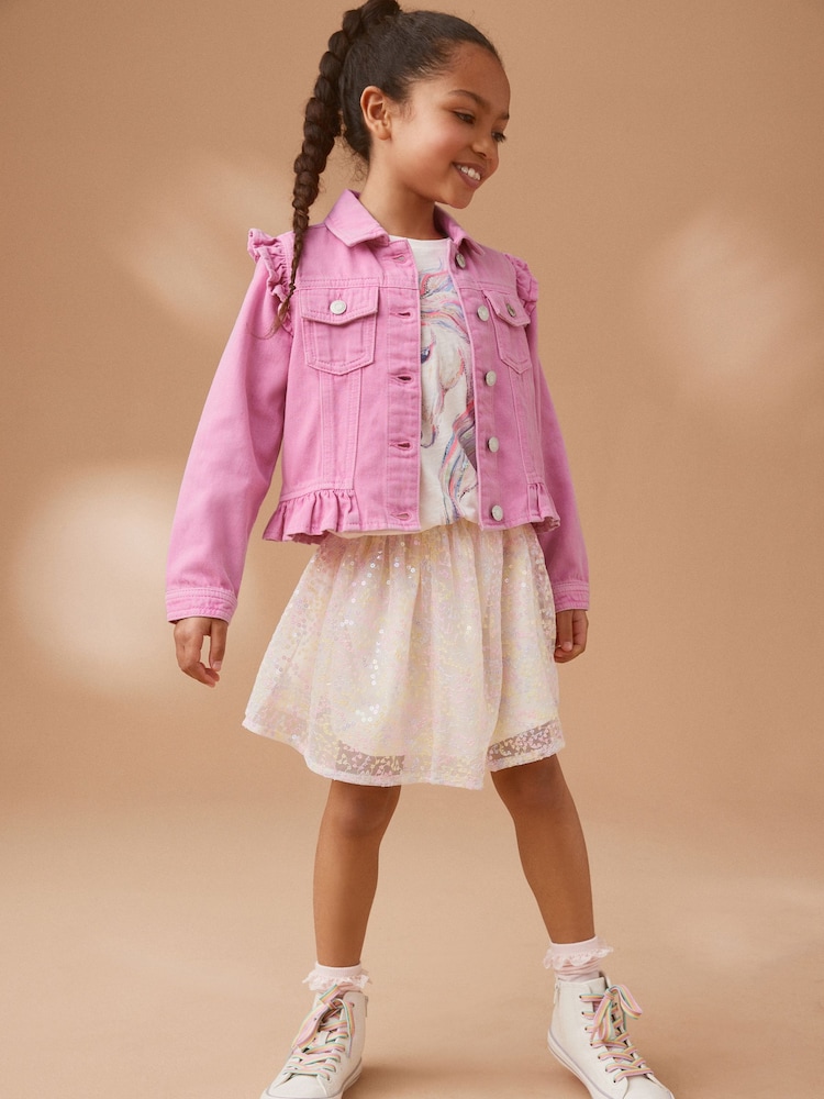 Bright Pink Frill Shoulder Denim Jacket (3-16yrs) - Image 1 of 8
